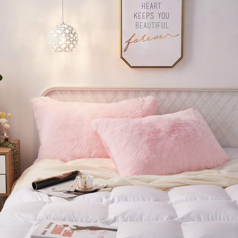 Uhamho Set of 2 Standard Queen Faux Fur Throw Pillow Covers Soft Velvet Decorative Pillowcases Zipper Closure(20 x 26 Inches Pink) - Image 3